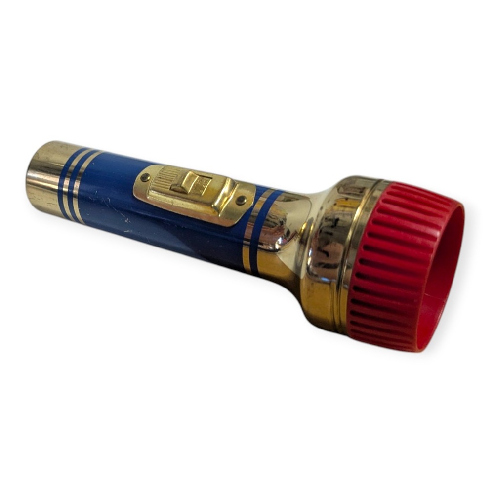 Vintage Cub Scouts BSA Flashlight Blue Gold Red Wolf Emblem Working 6.5 Inch
